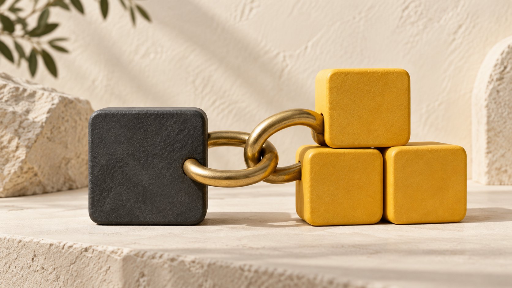 Brass links joining a charcoal brand block to yellow partner blocks