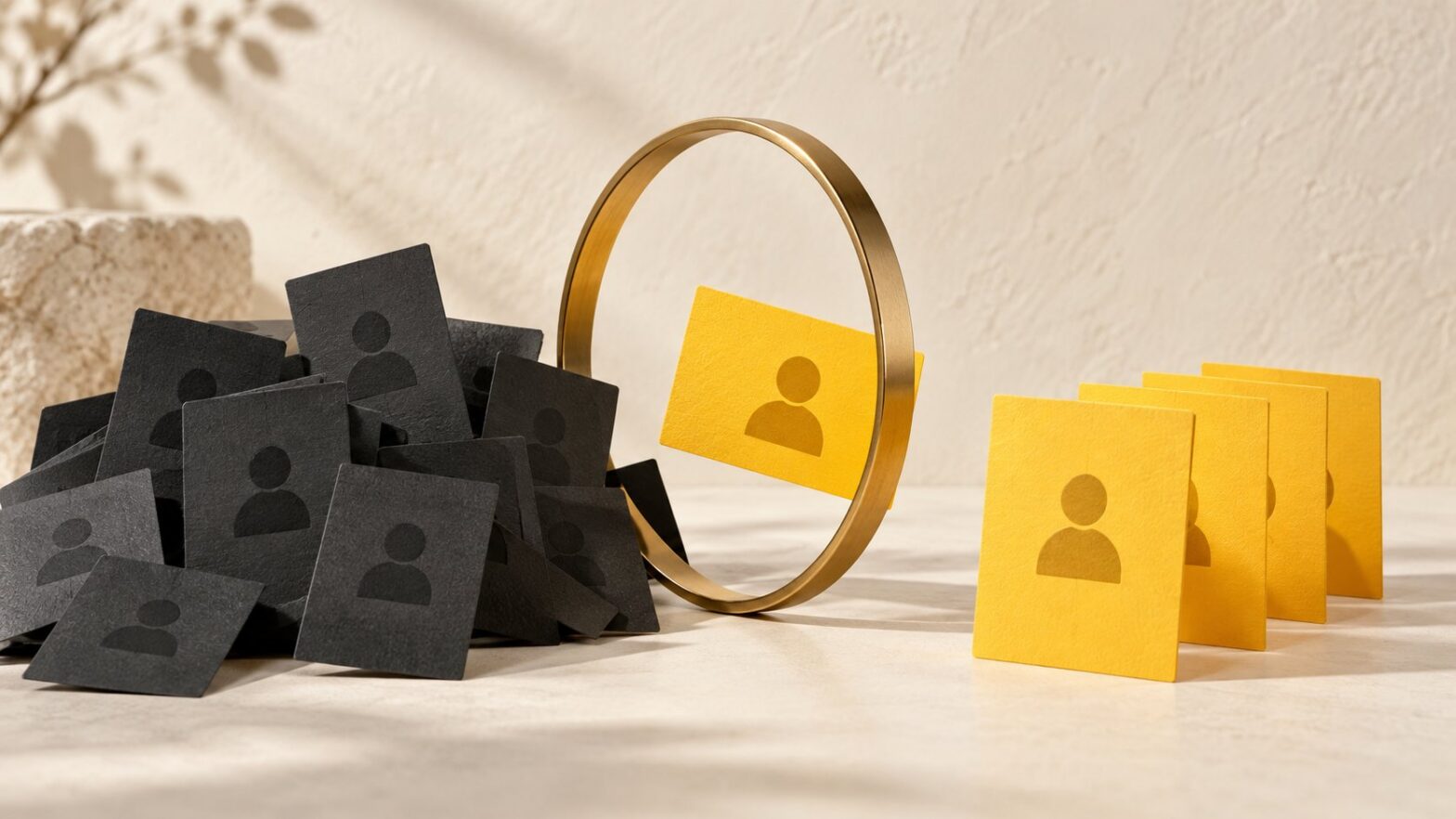 Selected yellow prospect cards emerging from a wider group through a brass frame