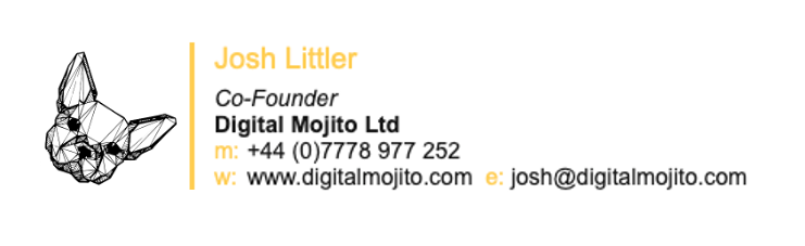Digital Mojito's first email signature for co-founder Josh Littler